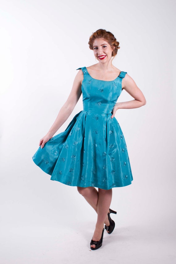 Vintage Late 1950s Dress Turquoise Embroidered Taffeta 50s