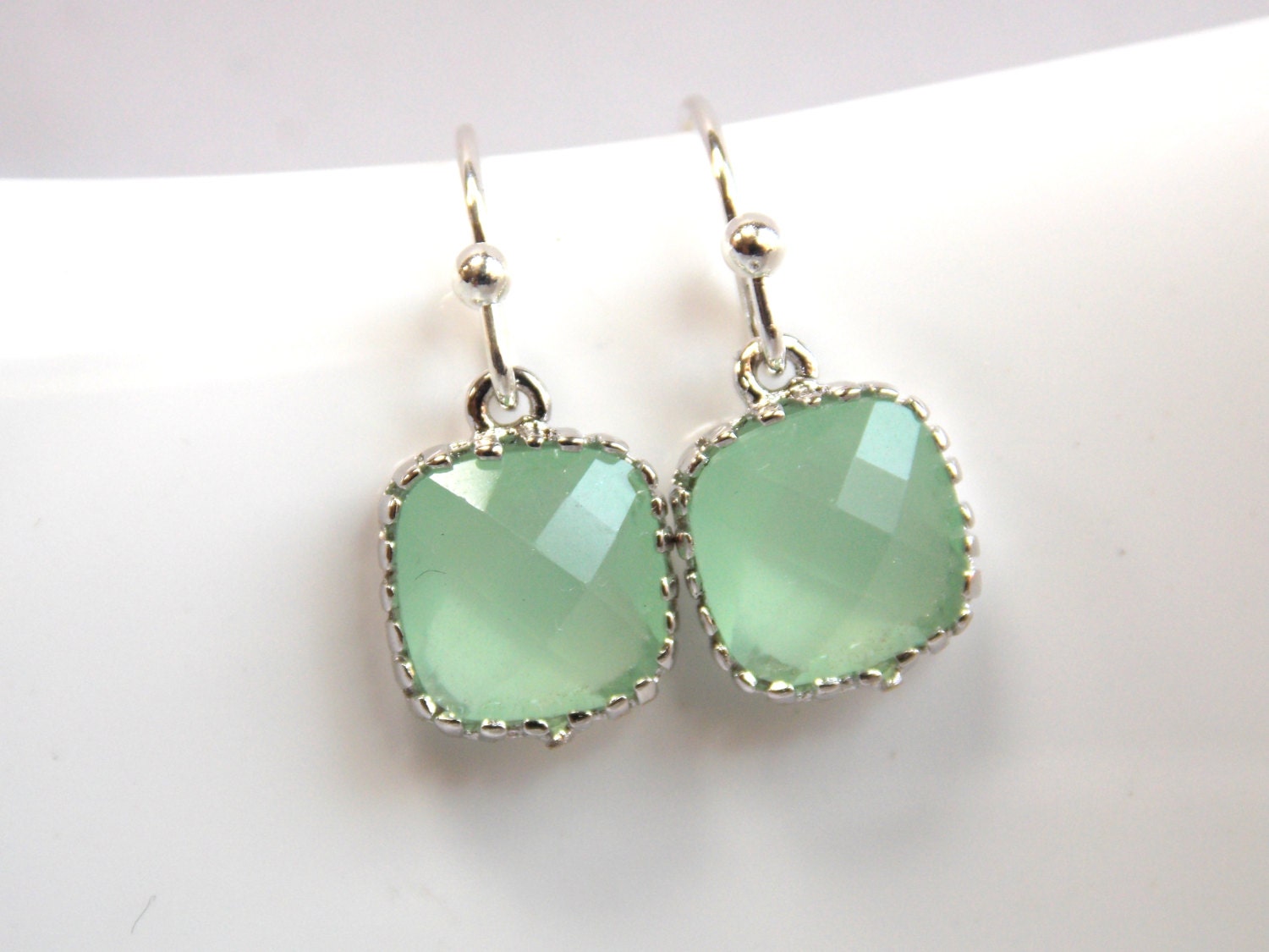 Green Mint Earrings Light Green Glass Dangle Dainty