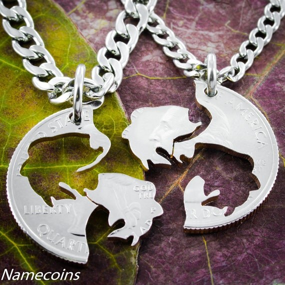Bass Fishing Couples necklaces, Interlocking hand cut coin