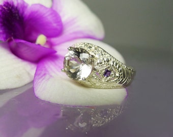 Herkimer Diamond Ring With Amethyst Sterling Antique Style Filigree Design
