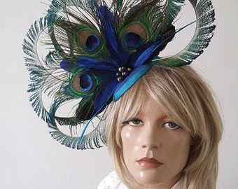 8 Sword Curled Peacock Fascinator - Feathers Cluster with Crinoline and Swarovski Pearls Blue Green hatinator hat