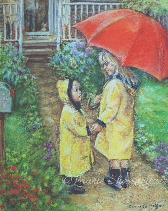 Brother and sister, Raincoats, Red umbrella, Archival reproduction print, Choose size, Laurie Shanholtzer "Time To Come Home"