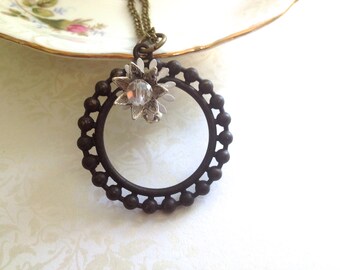 Vintage Style Brass Hoop Necklace. Silver and White Flower. Crystal Rhinestone Dangle. Brass Chain. Long Necklace. Under 15. Gifts for Her.