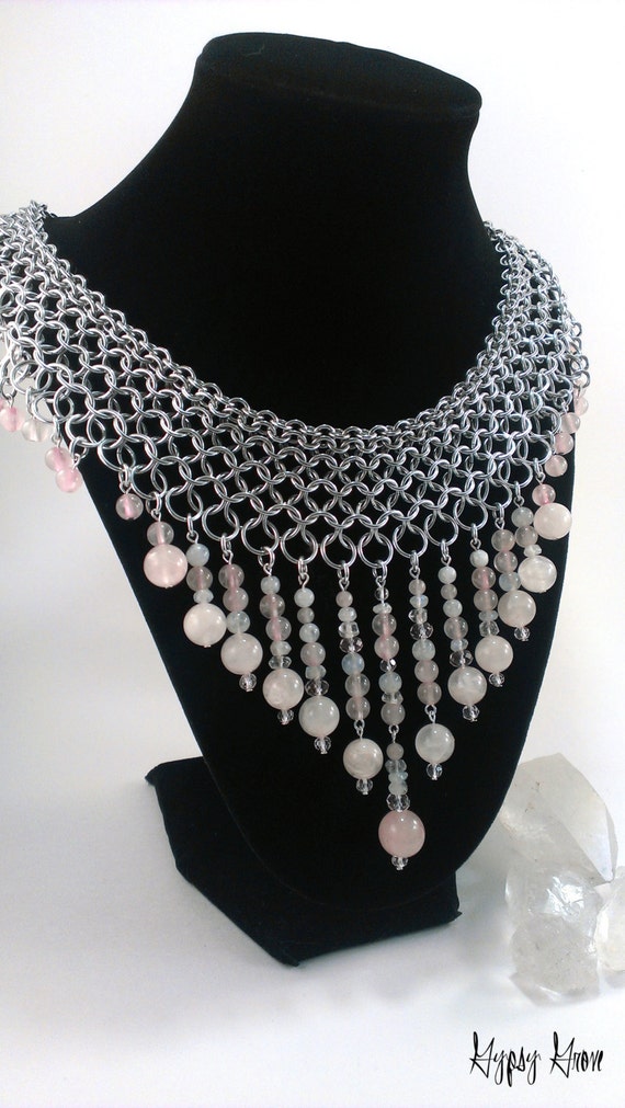 Stunning Chainmaille Collar Goddess Necklace with Rose Quartz, Rainbow Moonstone, Quartz Crystal, and Faceted Glass Beads