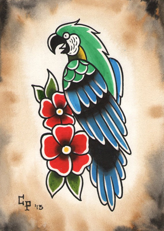 Items similar to Traditional Parrot Tattoo Flash Painting on Etsy