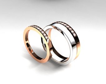set, rose gold wedding band, men two tone wedding ring, matching rings ...