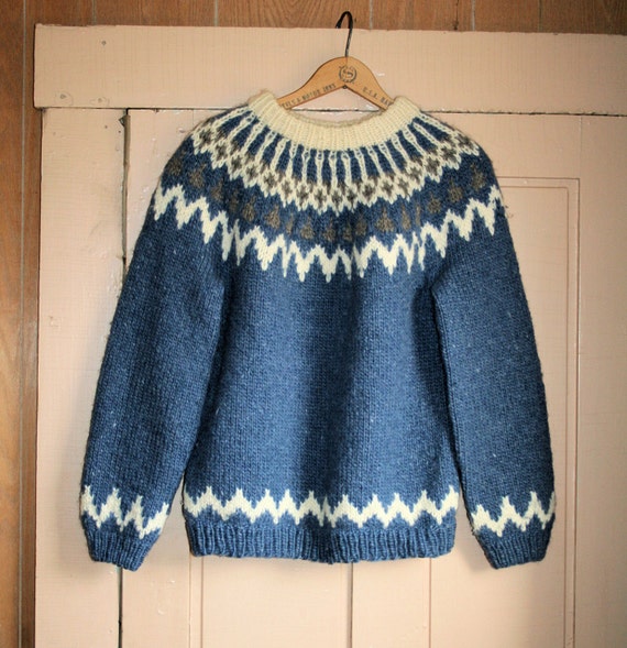 60s Chunky Nordic Sweater Fair Isle Blue White Pullover M