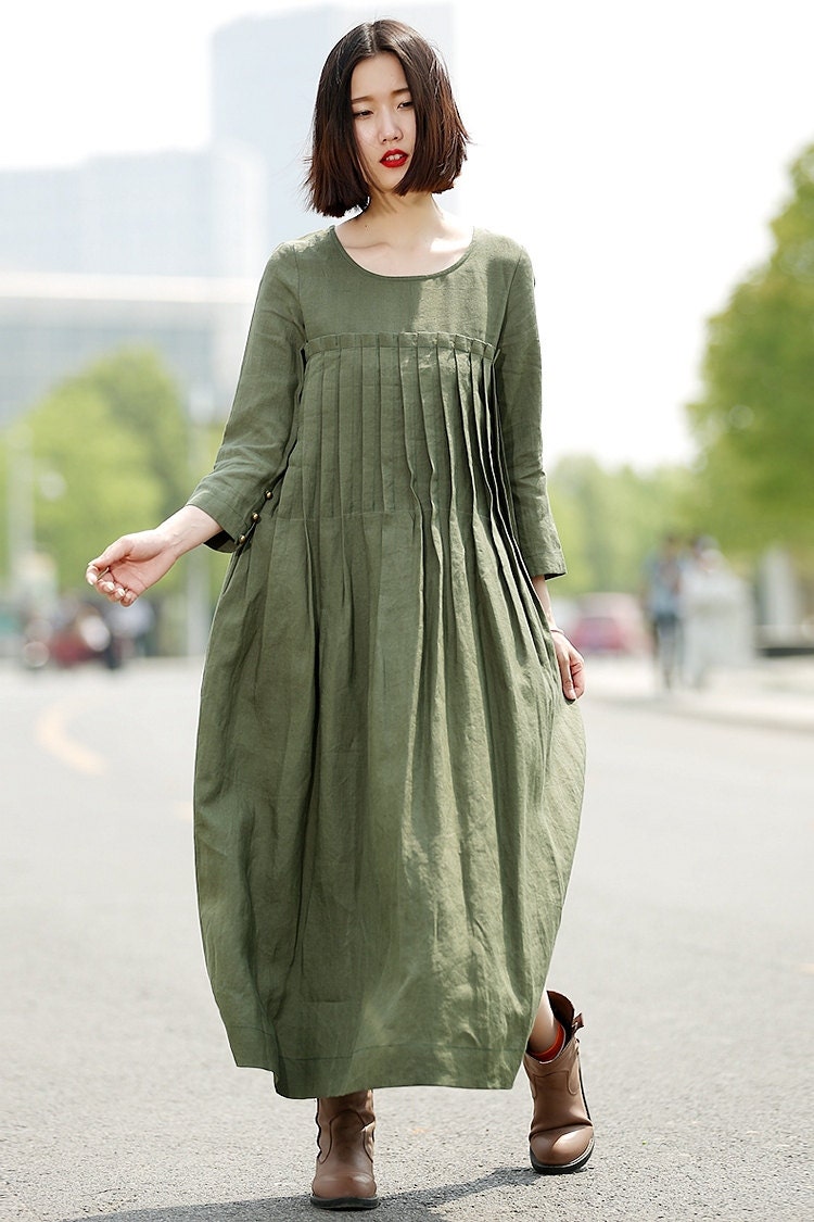 Green Linen Dress Casual Pleated Loose-Fitting Comfortable