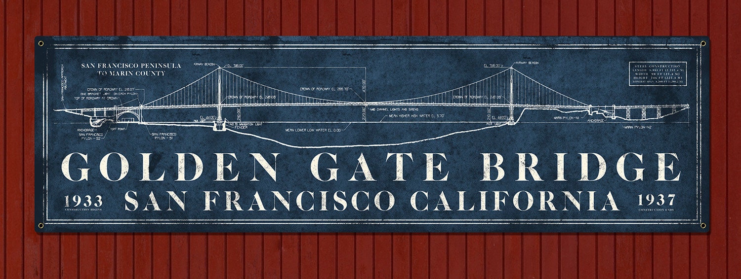 Vintage Golden Gate Bridge METAL Blueprint 48x14 FREE