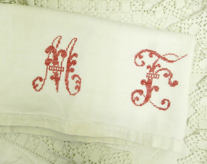 Large Antique French Hand Embroidered Monogram Red Cross Stitch M F on Large Cotton Metis Cloth/ Shabby Chic/ Home Interior / French Country Large Antique French Hand Embroidered Monogram Red Cross Stitch M F on Large Cotton Metis Cloth/ Shabby Chic/ Home Interior / French Country