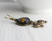Chambray Blue and Antique Gold Teardrop Dangle Earrings - Beaded Fashion Jewelry - Long Denim Blue Earrings - Ready to Ship