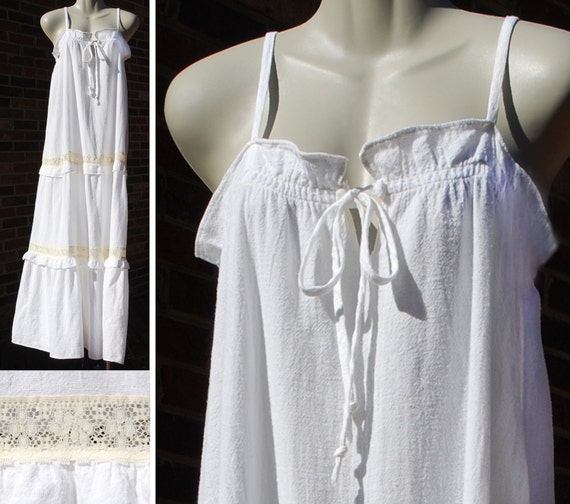 Vintage Long Cotton Gauze Nightgown with Ruffles & Lace