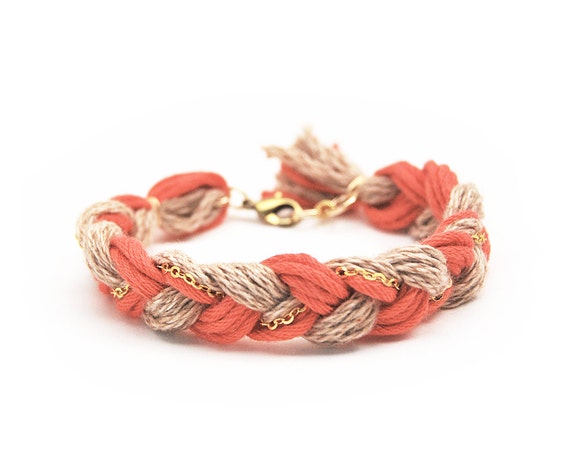 Items Similar To Friendship Bracelet Orange And Beige Braid Bracelet With Golden Chain Organic 9453