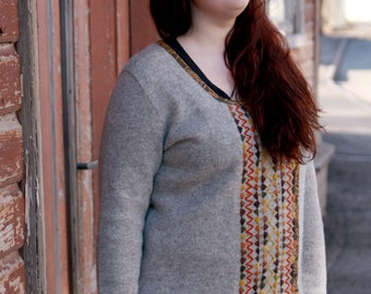 Handmade Estonian folklore woolen sweater with handmade embroidery, beads and paisley patterned welt. Plus size.