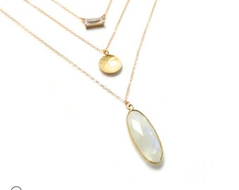Moonstone Layer Necklace, Gold Necklace, Bezel Pendant, Bezel Gemstone, Landon Lacey, Long Layered Necklace, Delicate Necklace, Gemstone