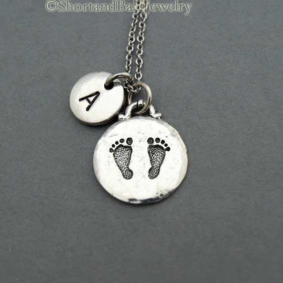 Baby Feet charm necklace Baby feet print initial necklace