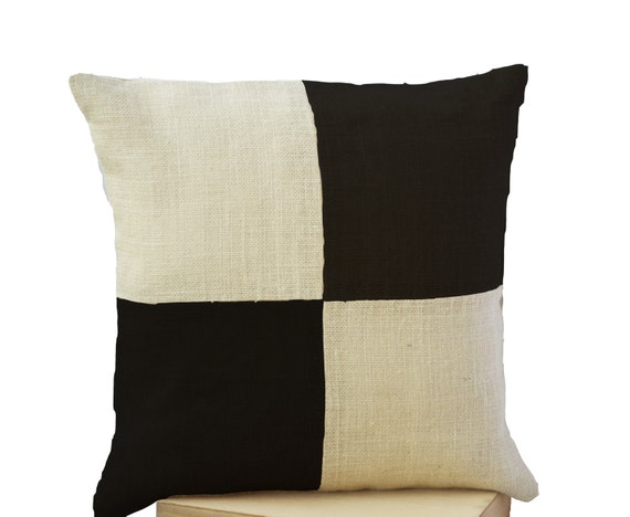 Items similar to Burlap Throw Pillow - Cream Black Pillow color block - Ivory Black Decorative ...