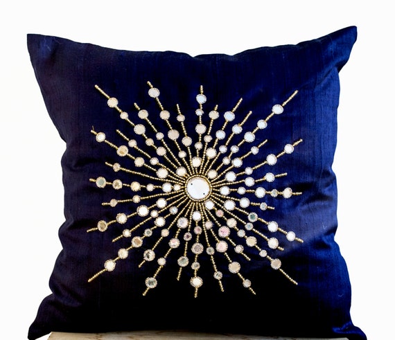 Premium Pure Navy Blue Silk Pillow Cover Mirror Embroidery