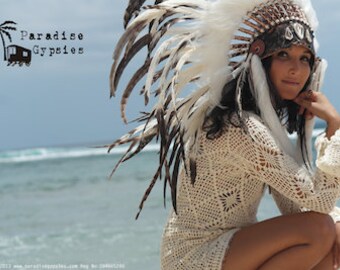 Shell Front Soft White into Grey Feather Headdress Marble Black Gold Leather by Paradise Gypsies / Warbonnet Native Indian Style / Boho Vibe