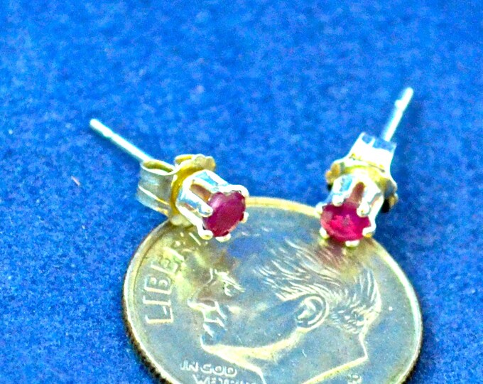 Ruby Stud Earrings, Petite 3mm Round, Natural, Set in Sterling Silver E575