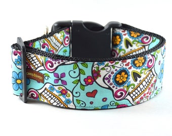 Turquoise Sugar Skull Dog Collar (Dia de los Muertos - Day of the Dead)