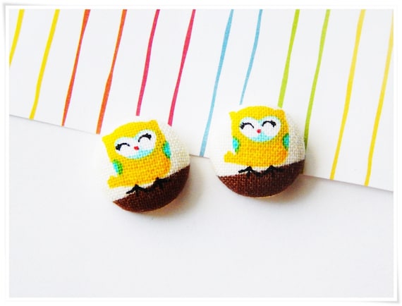 Owl Stud Earrings - Tiny Owl Fabric-Covered Button - Cute, Yellow Kawaii Owls