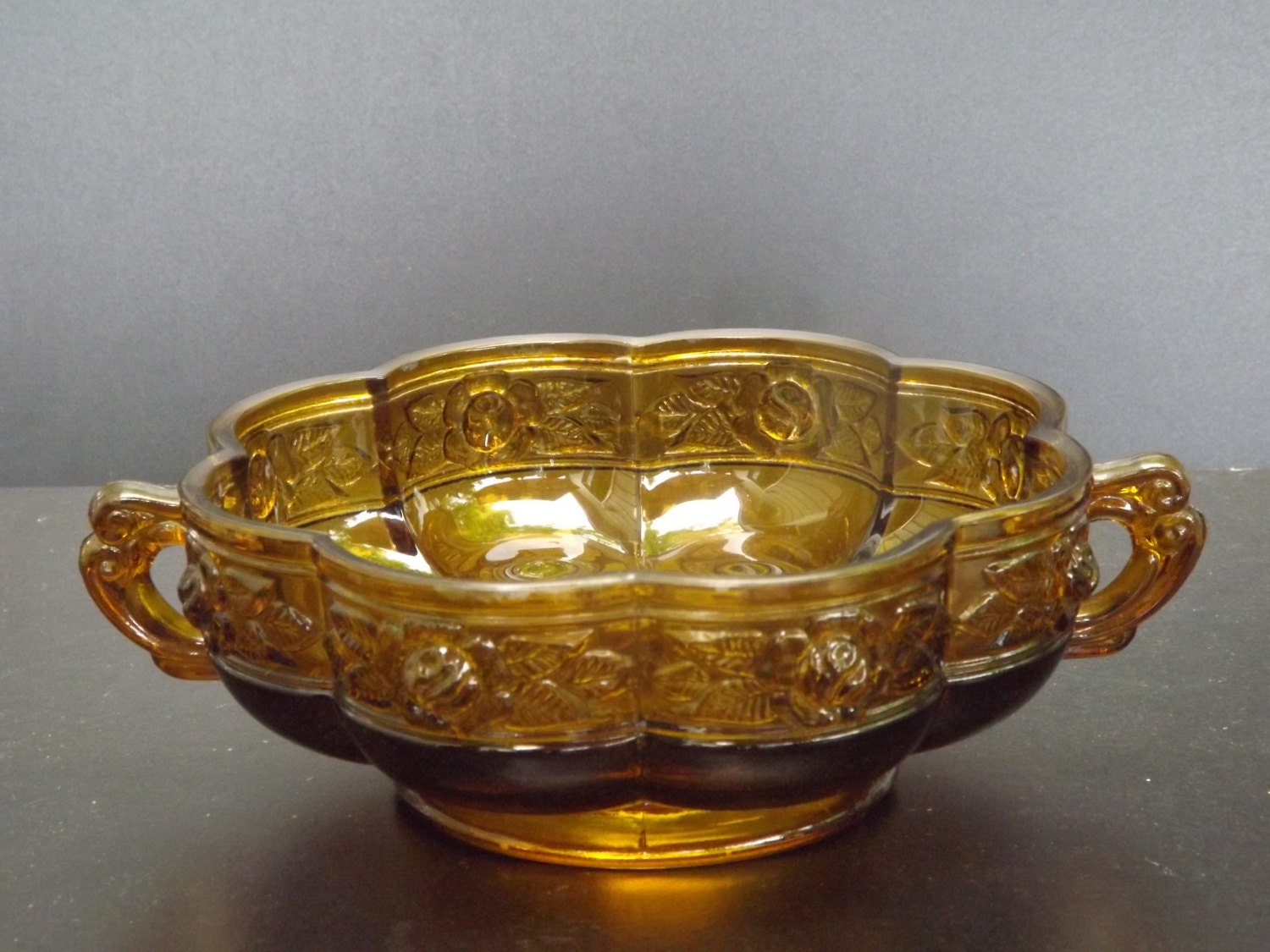 Amber glass candy dish