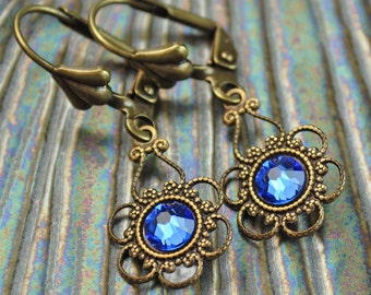 Sapphire Earrings,Something Blue, Blue Crystal Earring, Victorian Earring, Blue Sapphire, Blue Ice, Renaissance, Vintage, Wedding, 26 COLORS