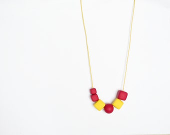 Polymer clay necklace Beadwork necklace Simple necklace Geometric necklace Yellow Metal free Cube necklace Cherry red necklace Minimalist