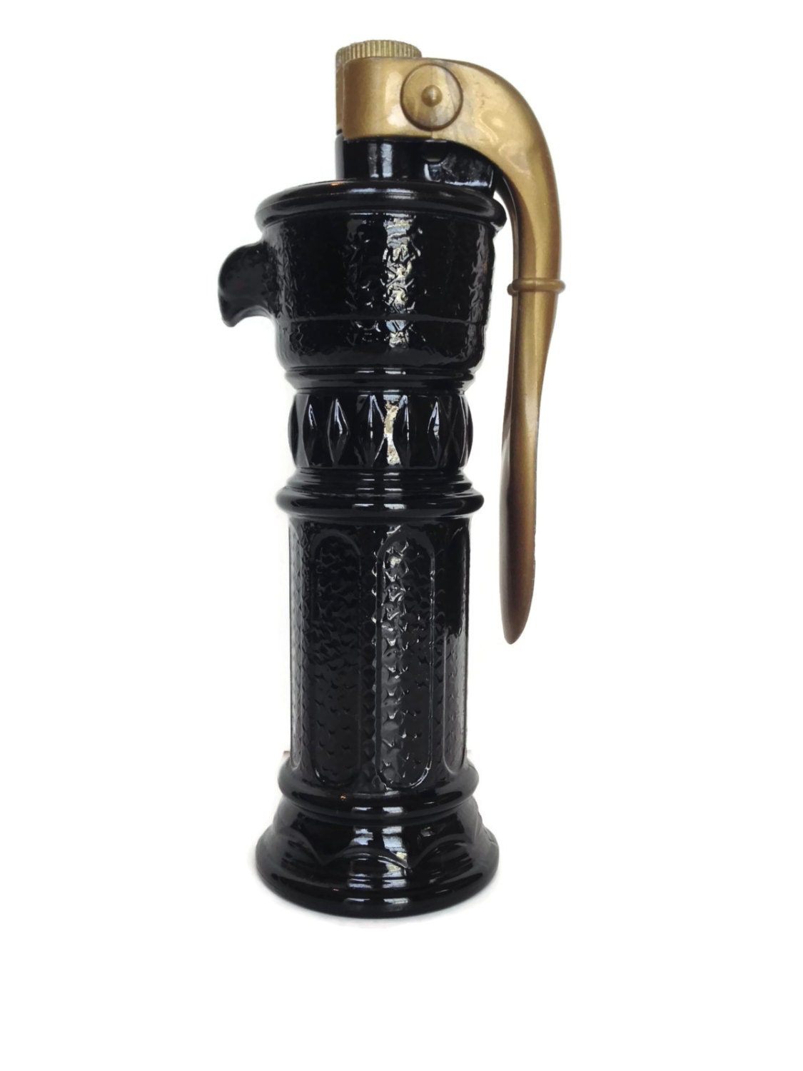Vintage black glass Avon cologne bottle water pump shaped