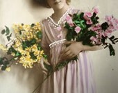Antique Edwardian girl postcard - Young girl pink dress, flowers white dots, hand tinted french, 1900