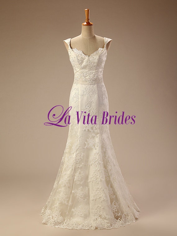 Cap sleeves lace tulle wedding dress with low back