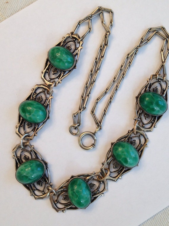 Vintage Czech Jade Glass Necklace Art Deco Filigree / Antique