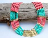Coral Turquoise and Gold Statement Necklace Multi-strand Necklace