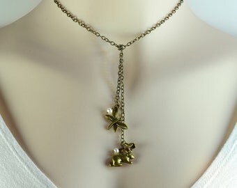 Dragonfly Necklace ~ Bunny Rabbit Jewelry ~ Bronze Pearl Necklace ~ Pearl Lariat ~ Bronze Anniversary Gift ~ Butterfly Necklace ~ L1009