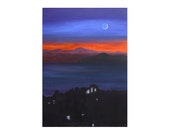Islands art: sunset on Greek island of Samos, metal print of original blue, black, red painting by Kauai artist Donia Lilly, Dusk Pythagorio
