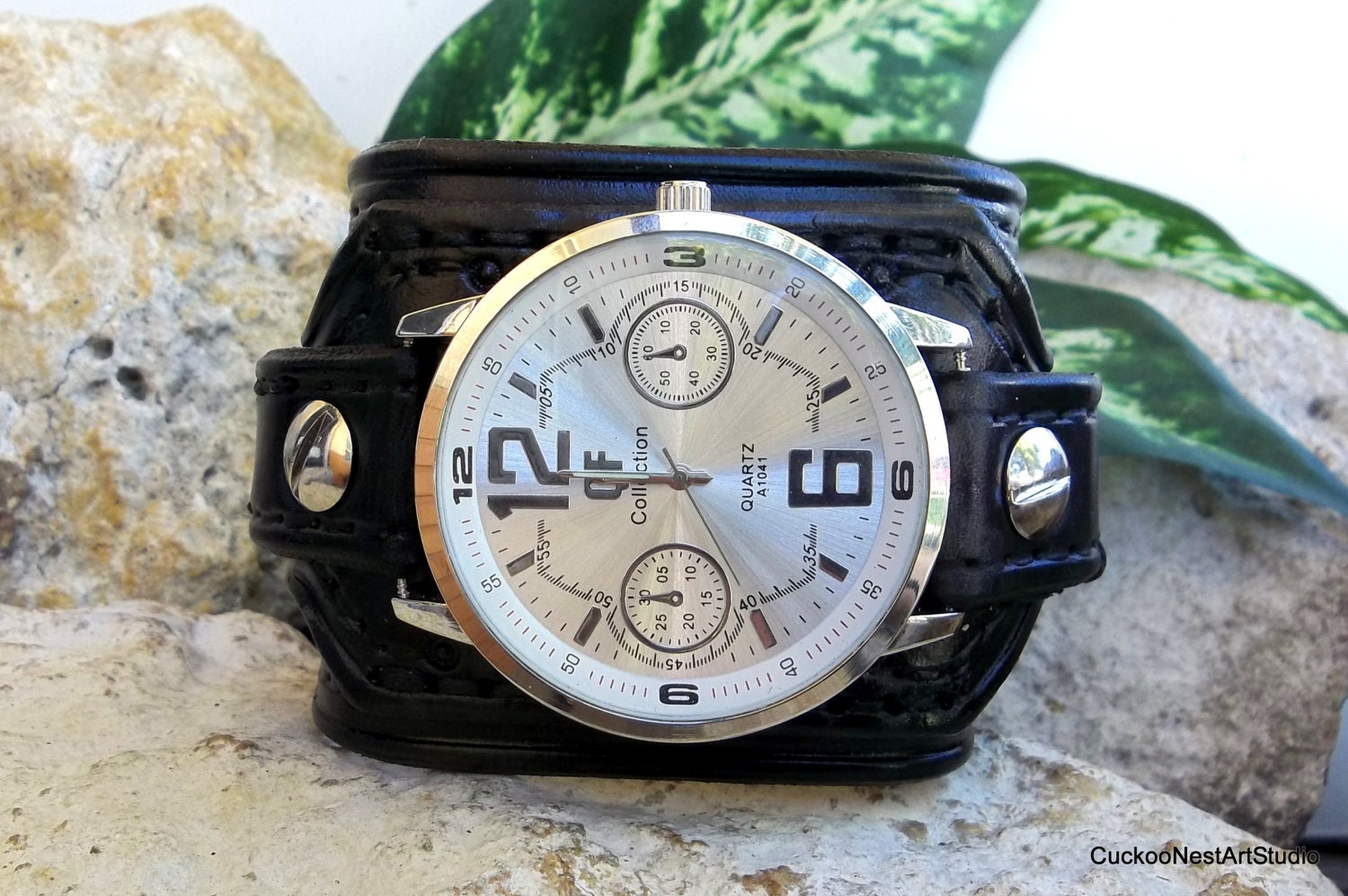 Black Watch cuff Mens Leather wrist watch Men's leather