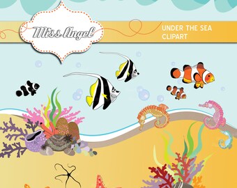 Under the Sea Clipart. Clown fishes, tropical fish, corals, aquatic plants, seastars, seahorse. 18 Digital Illustrations. MissAngelClipArt