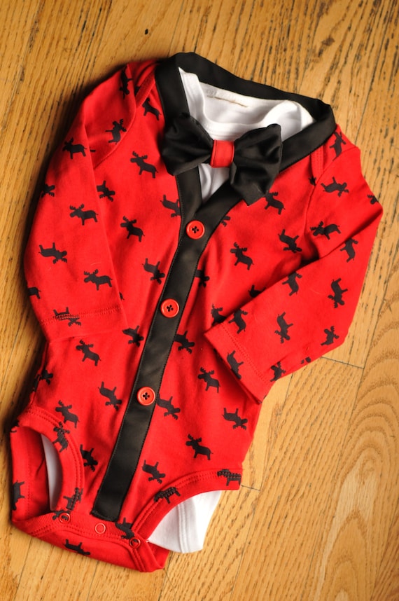 Items similar to Red and Black cardigan onesie with little moose all ...