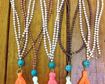 Long Wooden Beaded Tassel Necklace + Round Green Turquoise Stone Bead