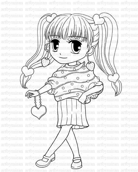 Digi Stamp-Miss Cupcake, Digital Stamp, Big eyed girl Coloring page, Printable Line art for Card and Craft Supply, Art by Mi Ran Jung