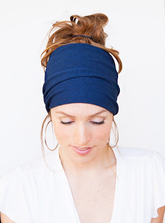 Dark Blue Wide Headband Stretch Delicate Knit Blue by MinitaStudio