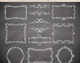 Hand draw Swirls Digital Frames, vintage frames, Labels, Tags, digital frames clipart, swirl clipart, black frame, chalkborad clipart