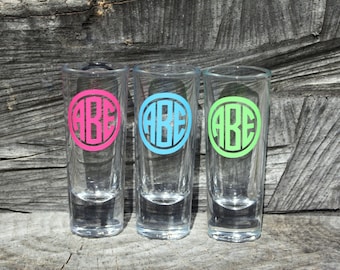 4 Personalized Monogram shot glasses. Great for bachelorette and wedding parties. Custom shot glasses.