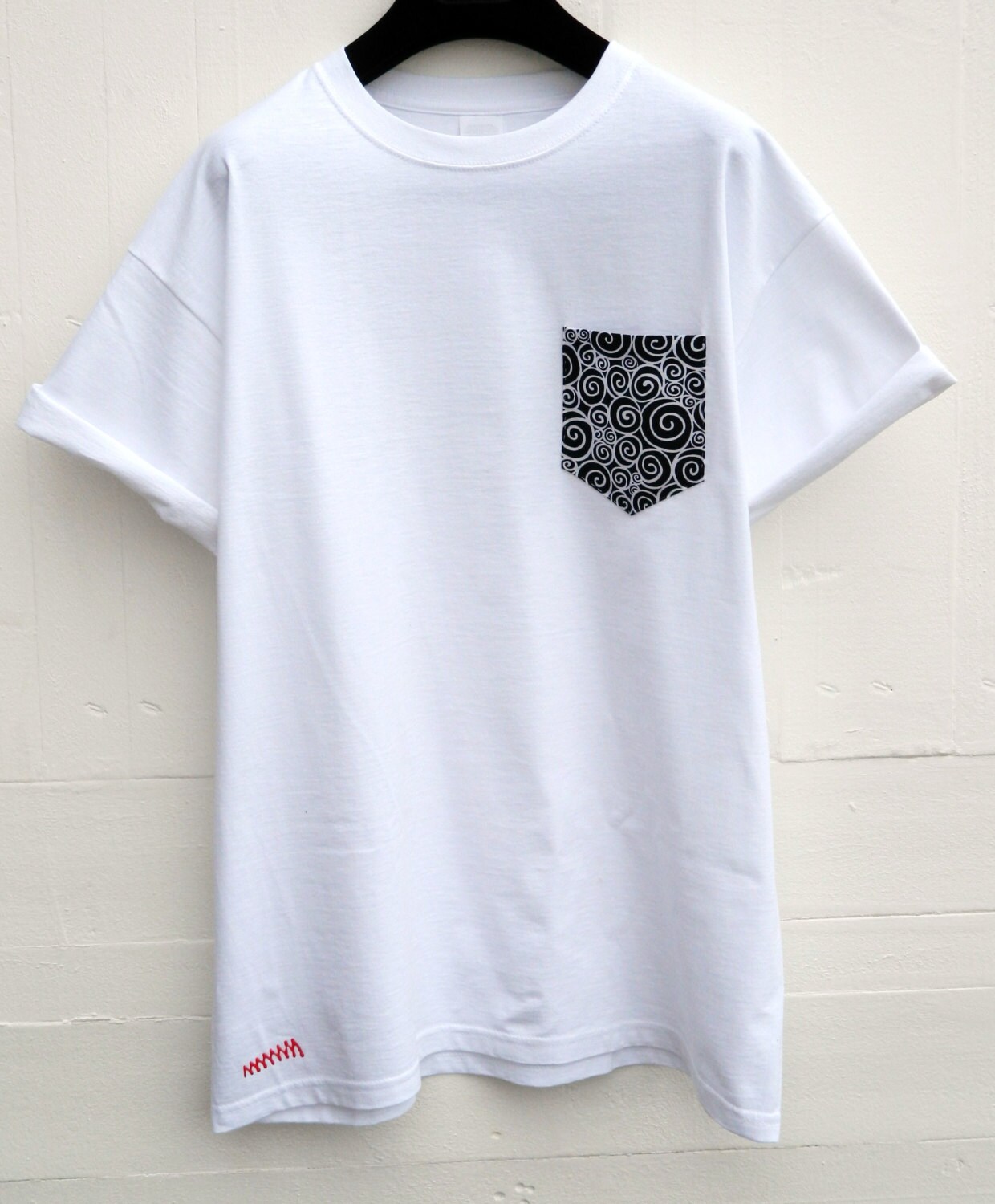 Men's Black and White Mosaic Design White Pocket T-Shirt