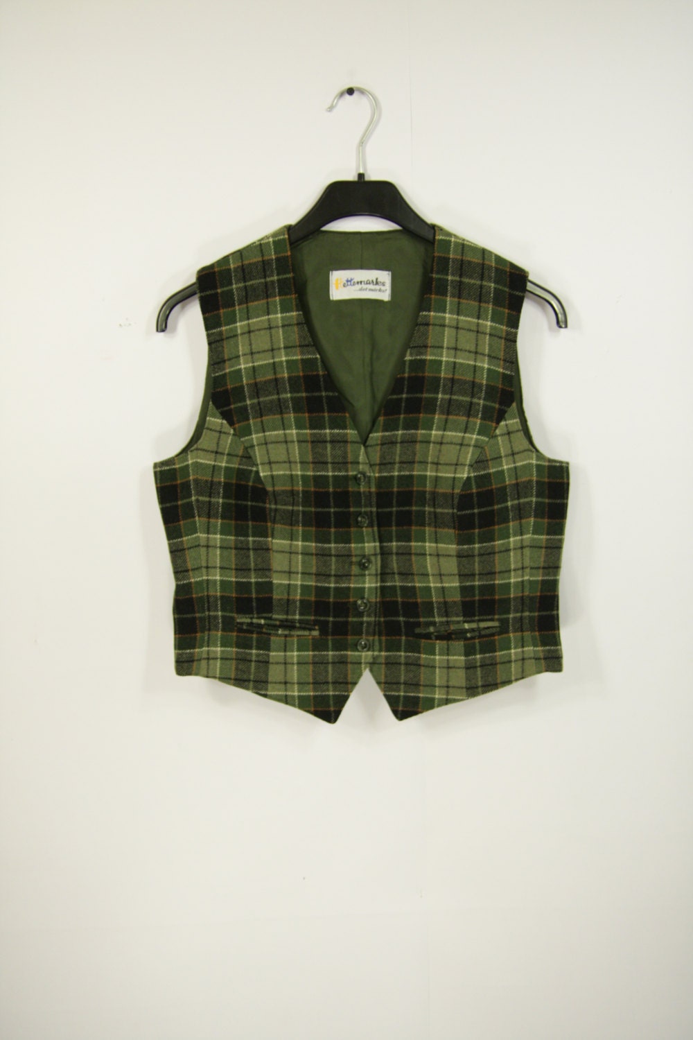 Womens Plaid Green Gray Vest Wool Checkered Moss Green White Brown