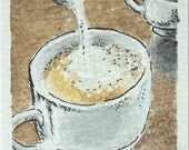 Mini miniature Espresso coffee with milk, Watercolor italian coffee cup.Archival ink black and white on paper 140lb , 100% cotton acidfree Mini miniature Espresso coffee with milk, Watercolor italian coffee cup.Archival ink black and white on paper 140lb , 100% cotton acidfree