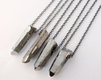 Gunmetal Luxe Healing Crystal Bullet Stone Necklace - Vintage Boho -Galaxy Titanium Quartz Jewellery- Dusty Silver Aura Druzy- Long Necklace