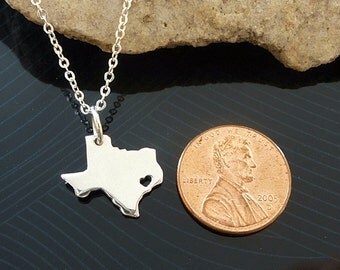 Tiny Sterling Silver Texas Necklace / Custom Heart / Small TexasNecklace / Love Texas / State Necklace / Texas Wedding