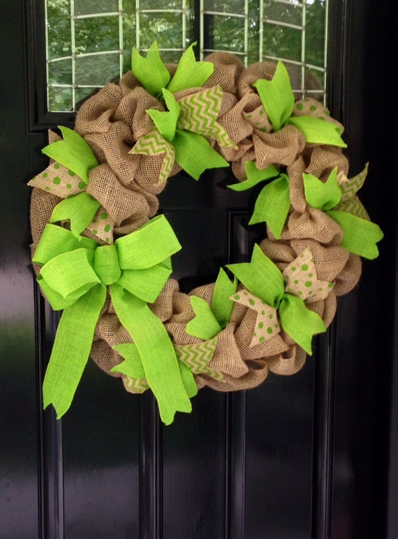 Items Similar To Lime Green Burlap Wreath With Chevron And Polka Dot 22 Inches Front Door Or 9310